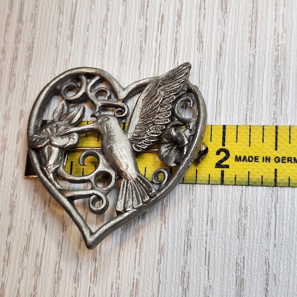 Spoon Vintage Pewter Heart Hummingbird Brooch Pin Floral Open Work Silver Tone - Picture 5 of 6